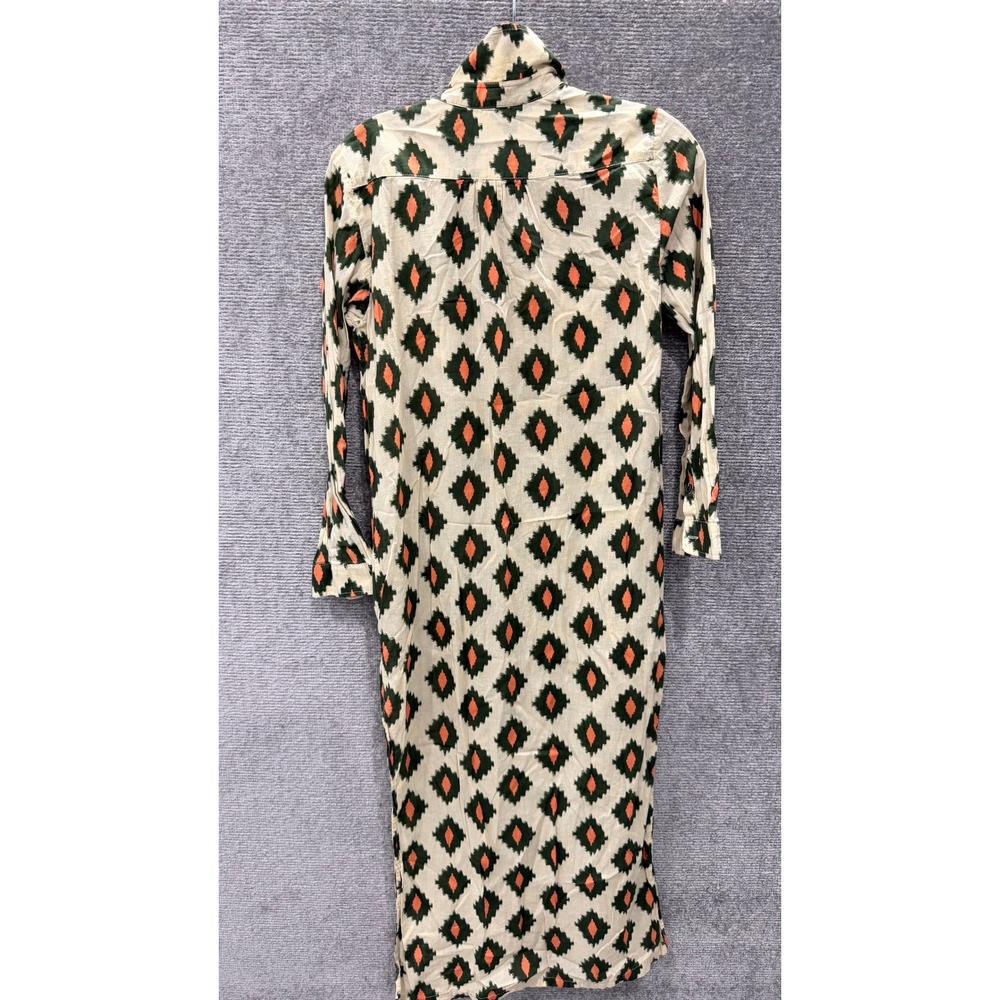 Zara Shirt Dress Size S Cream Green Orange Ikat Geometric Midi Boho Long Slv - Picture 7 of 7